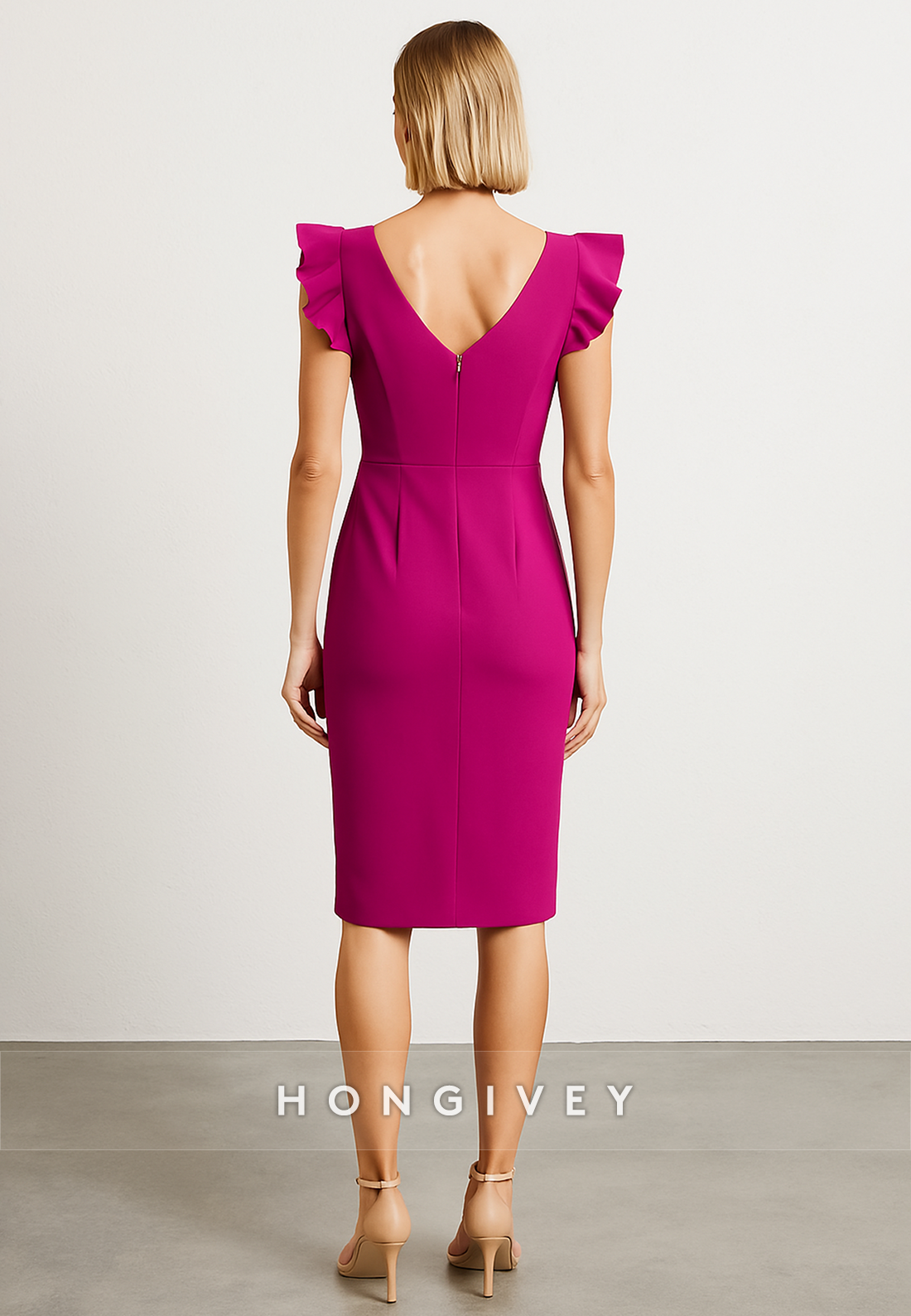 Knee-Length Cap Sleeves Cocktail Dresses V-Neck Sheath Pleated Evening Gowns