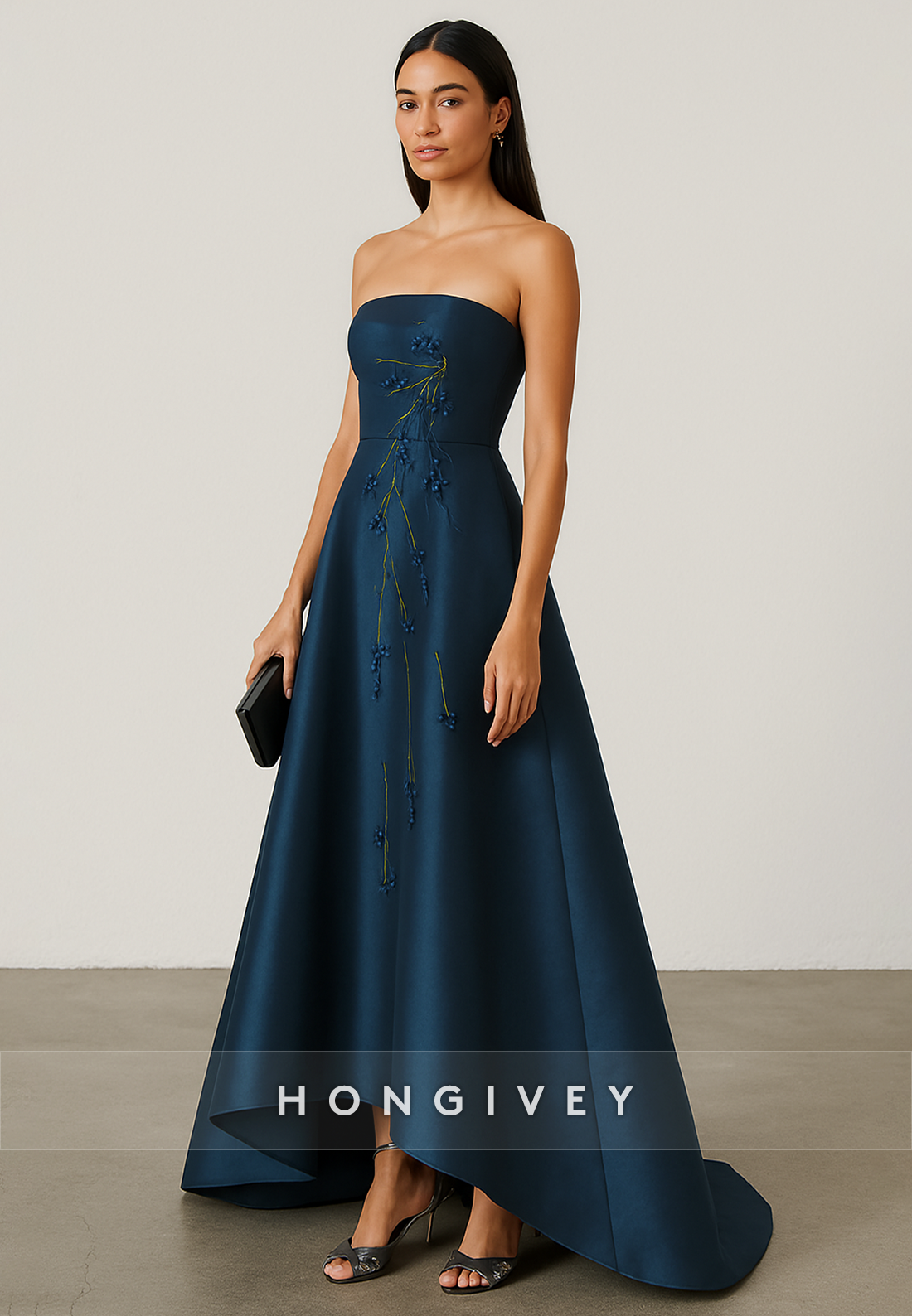 Strapless Asymmetrical Low Back A-Line Empire Evening Gowns with Appliques