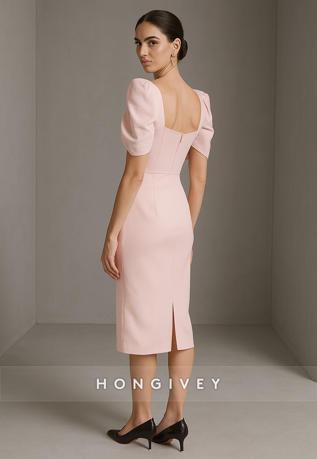 Blush Tea-Length Square Neck Short Sleeves Sheath Cocktail Dresses