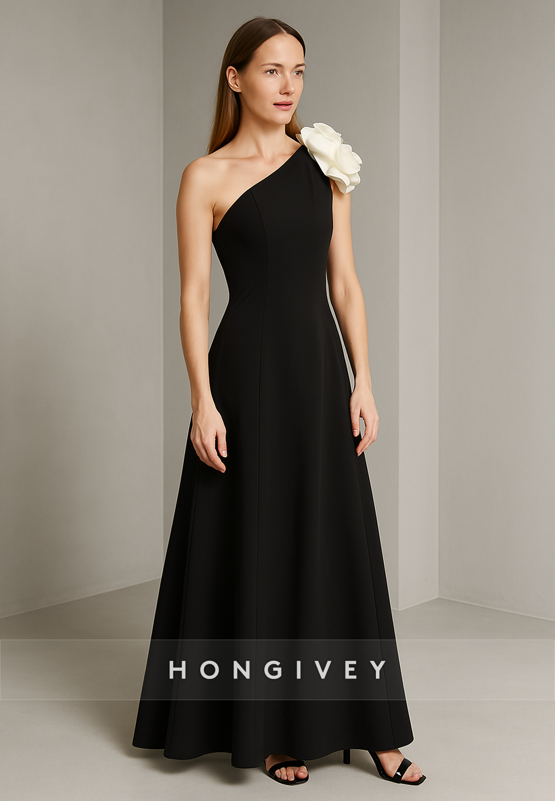 Black One Shoulder A-Line Ankle-Length Shoulder Flower Evening Gowns