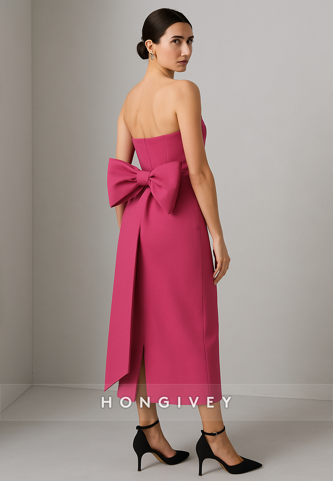 Tea-Length Strapless Column Low Back Evening Gowns with Bowknot