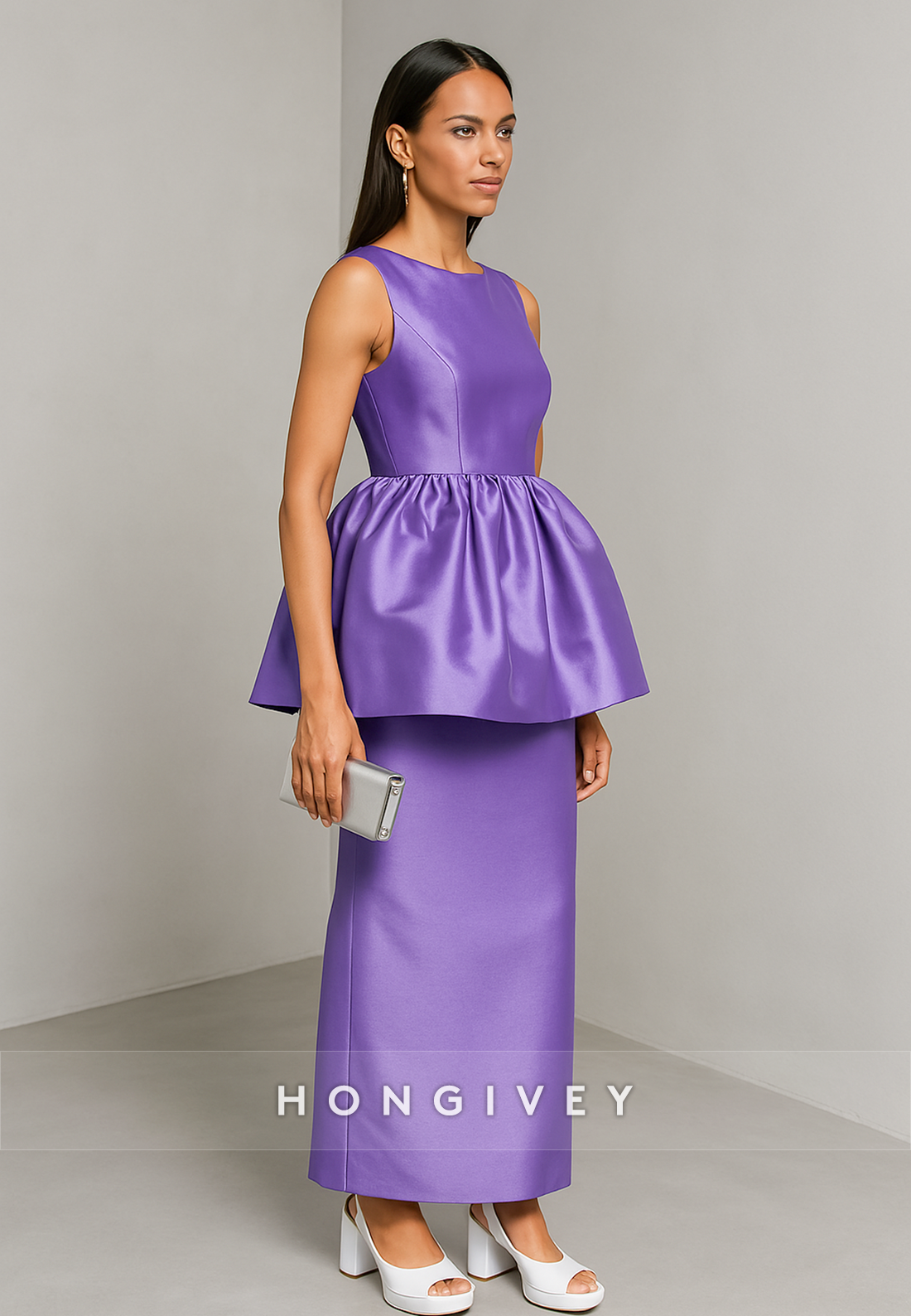 Purple Satin Pleated Column Bateau Neck Ankle-Length Evening Gowns