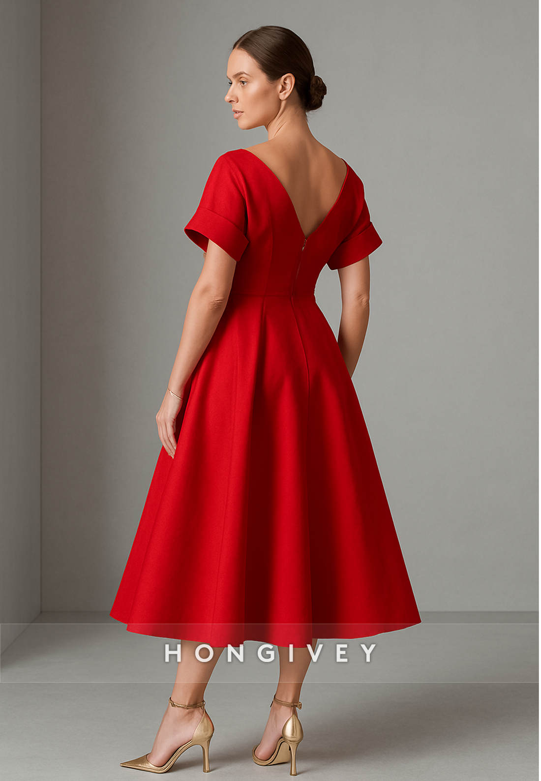 Red Short Sleeves Tea-Length Cocktail Dresses A-Line Pleated V Back Evening Gowns