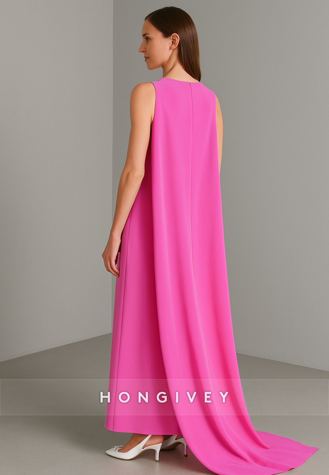 Elegant Fuchsia Sleeveless Ankle-Length Evening Gowns with Cape