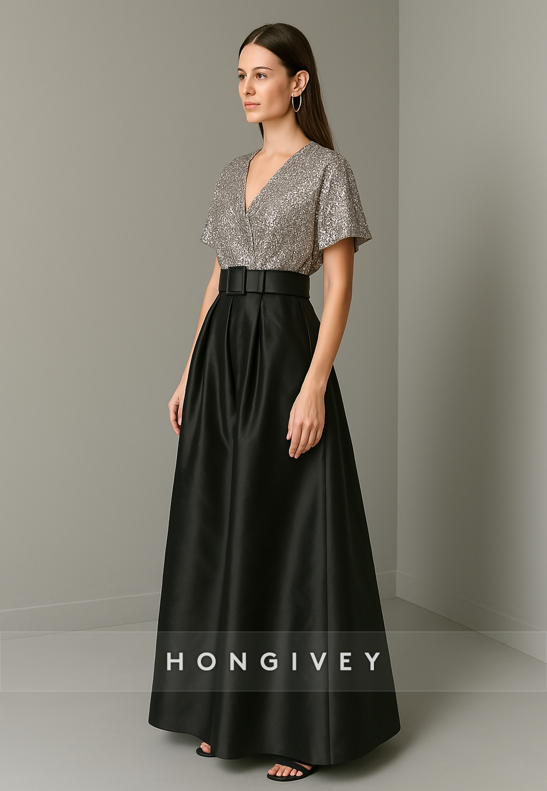 Short Sleeves A-Line Glitter V-Neck Satin Empire Evening Gowns with Waistband