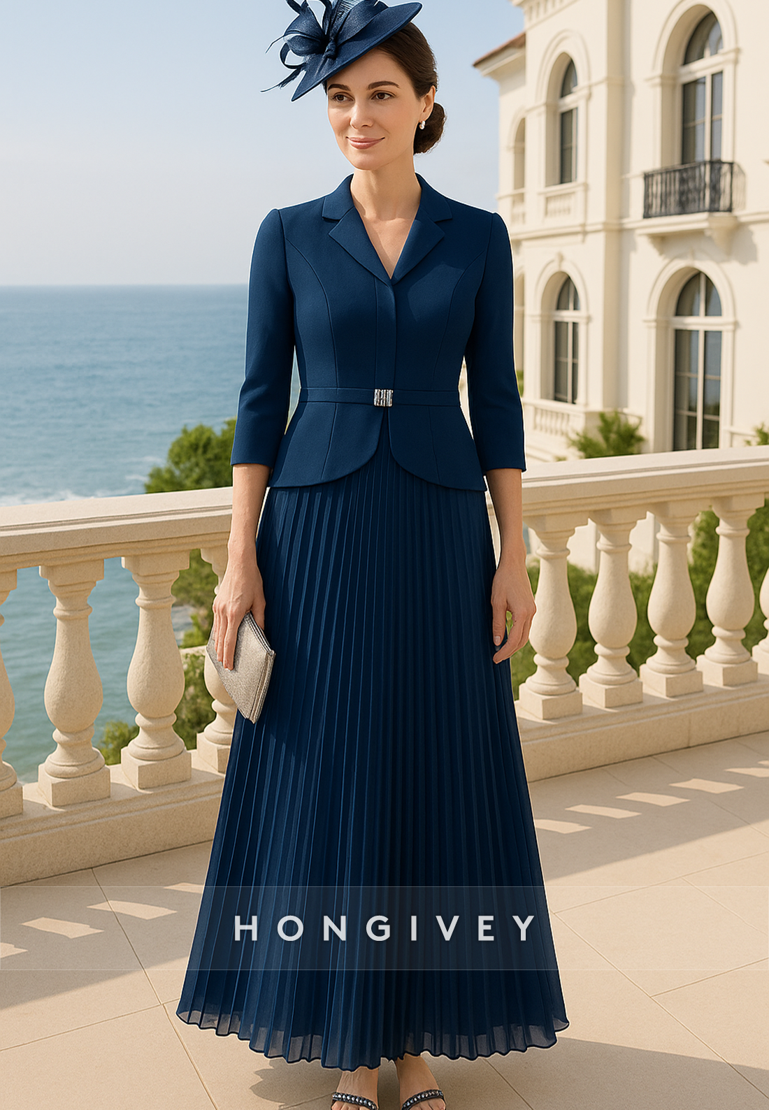 3/4 Sleeve V-Neck A-Line Ruched Ankle-Length Waistband Mother of Bride Dresses