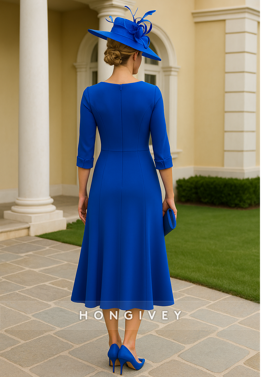 V-Neck Royal Blue Tea-Length 3/4 Sleeve A-Line Mother of the Bride Dresses