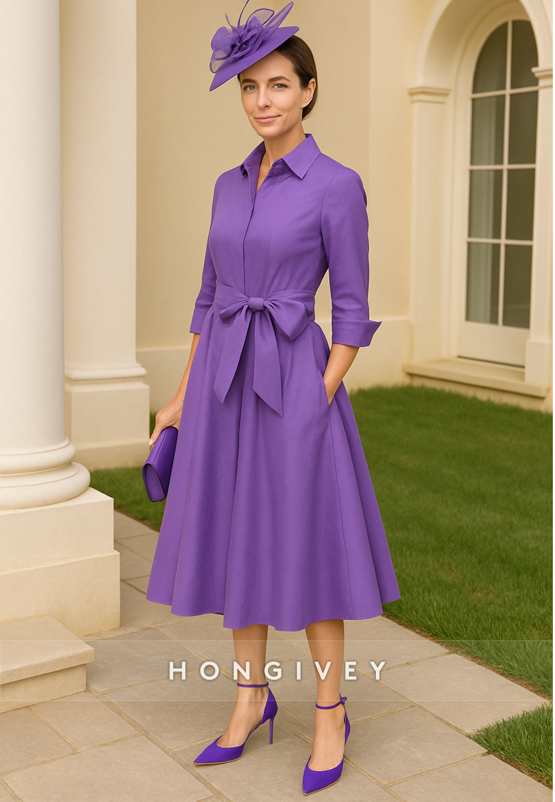 Bowknot Waistband A-Line Pleated 3/4 Sleeve Tea-Length Mother of the Bride Dresses