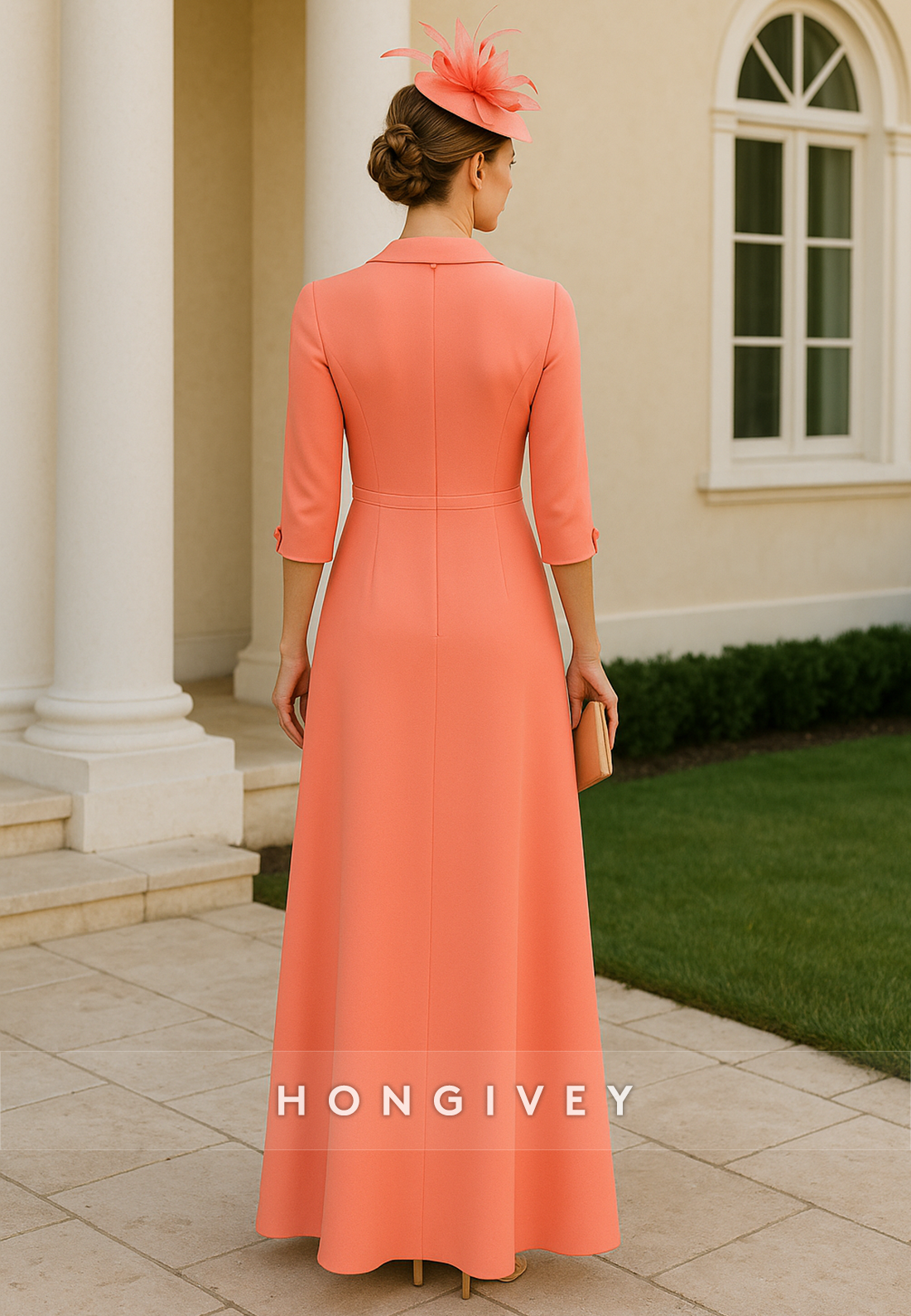 Tangerine Applique A-Line Pleated 3/4 Sleeve V-Neck Mother of the Bride Dresses