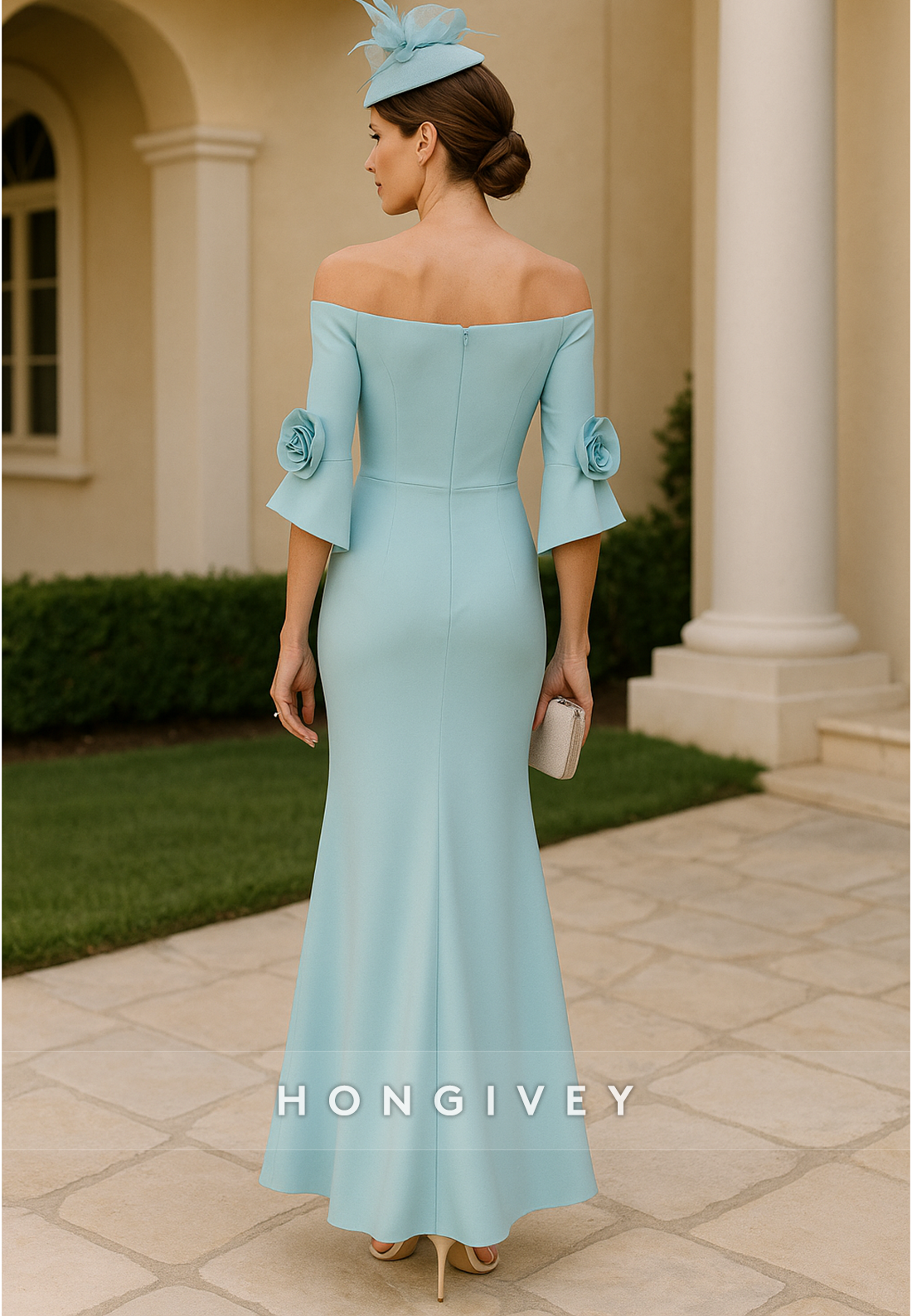 Half Sleeves Off the Shoulder Flowers Pleated Trumpet Mother of the Bride Dresses