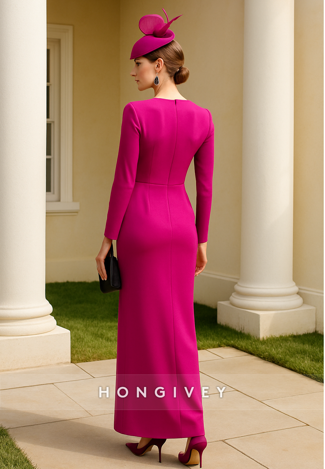 Ankle-Length Low V-Neck A-Line Pleated Long Sleeves Sheath Mother of the Bride Dresses