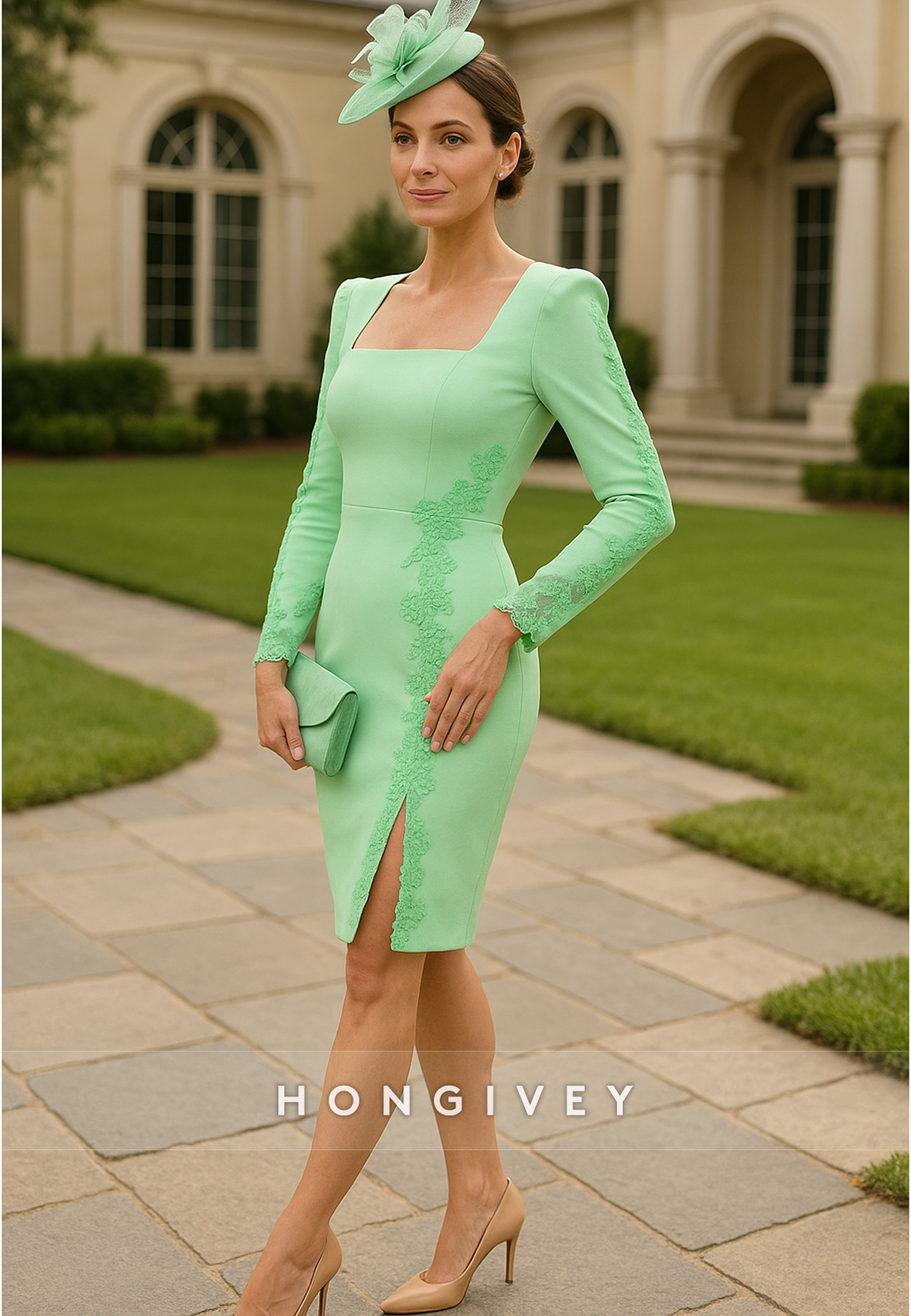 Square Neck Long Sleeves Knee-Length Appliqued Mother of the Bride Dresses