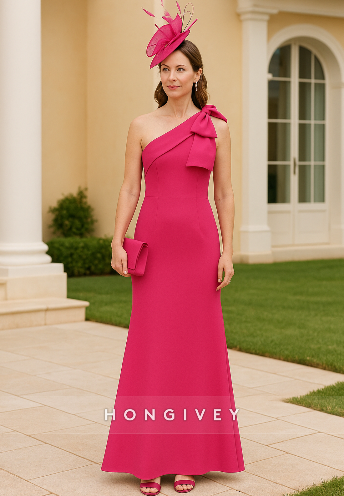 One Shoulder Bowknot Trumpet Ankle-Length Pleated Mother of the Bride Dresses