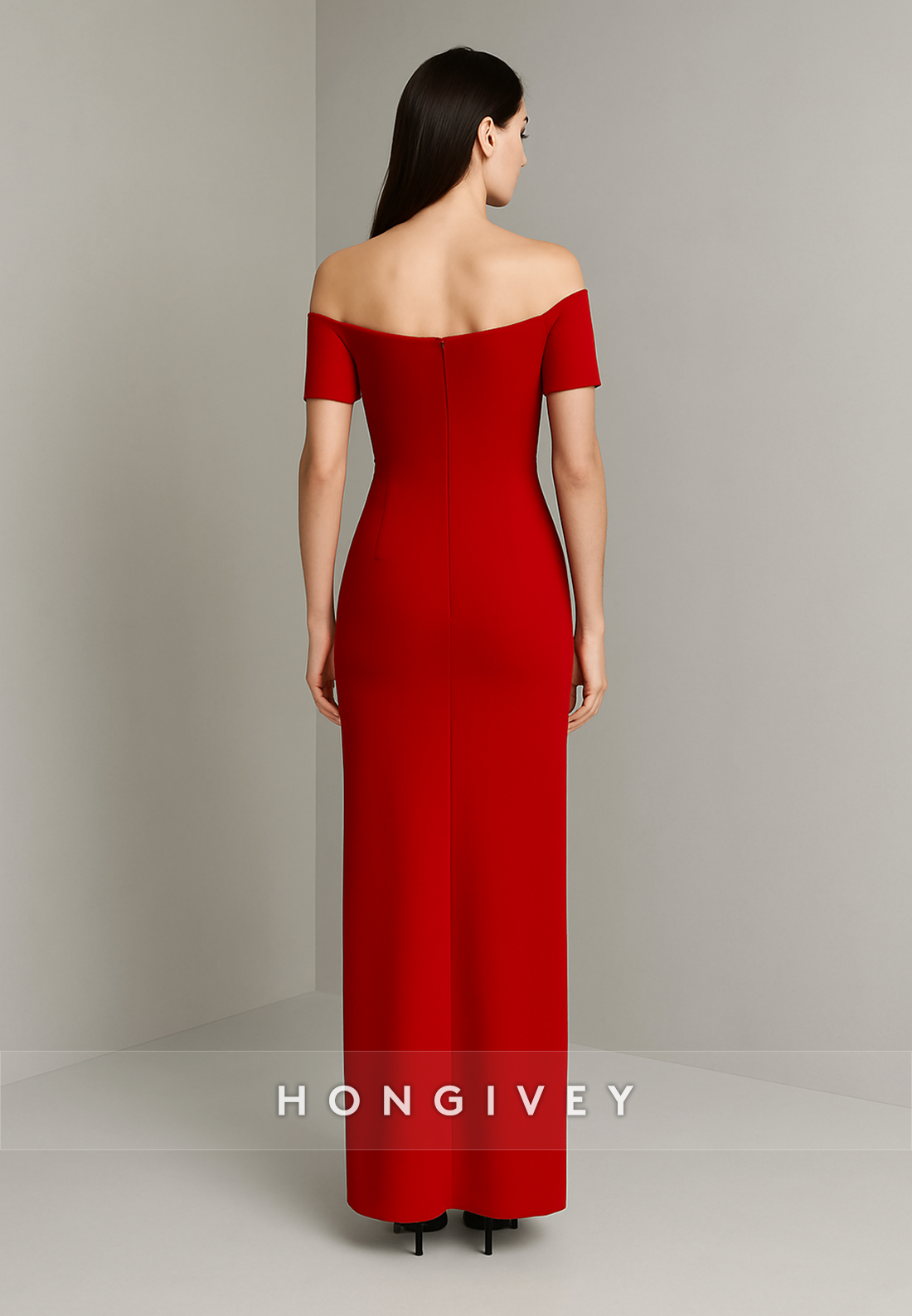 Red Flowers Off the Shoulder Column Pleated Simple Evening Gowns