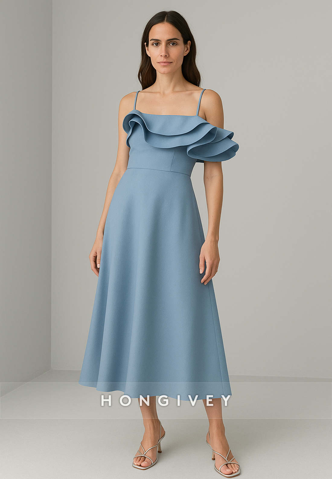 Spaghetti Straps A-Line Tea-Length Pleated Sleeveless Evening Gowns