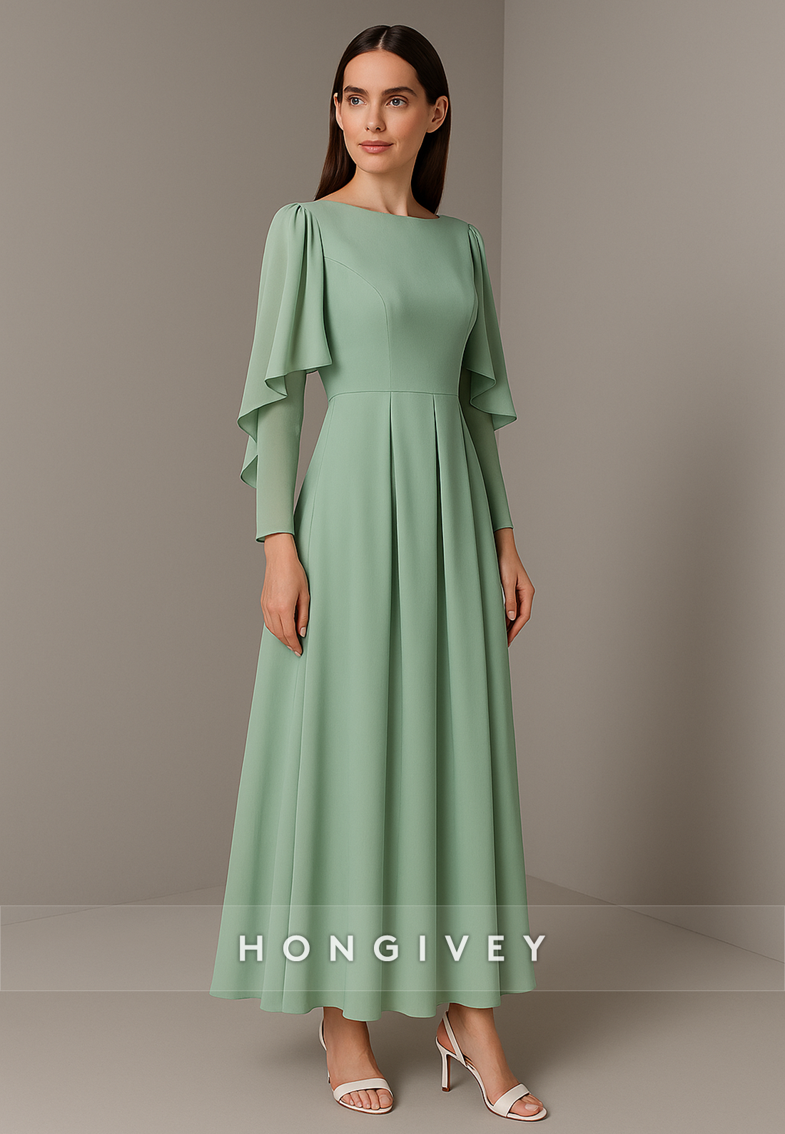 Long Sleeves Pleated A-Line Flutter Sleeves Ankle-Length Evening Gowns