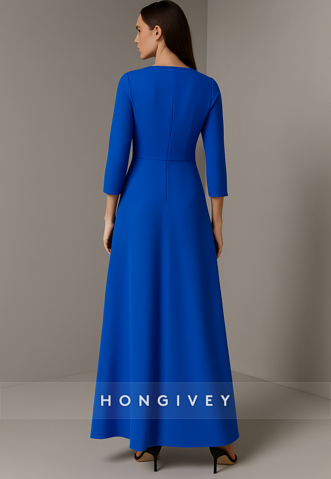 Royal Blue 3/4 Sleeve Ankle-Length A-Line Waistband Pleated Evening Gowns