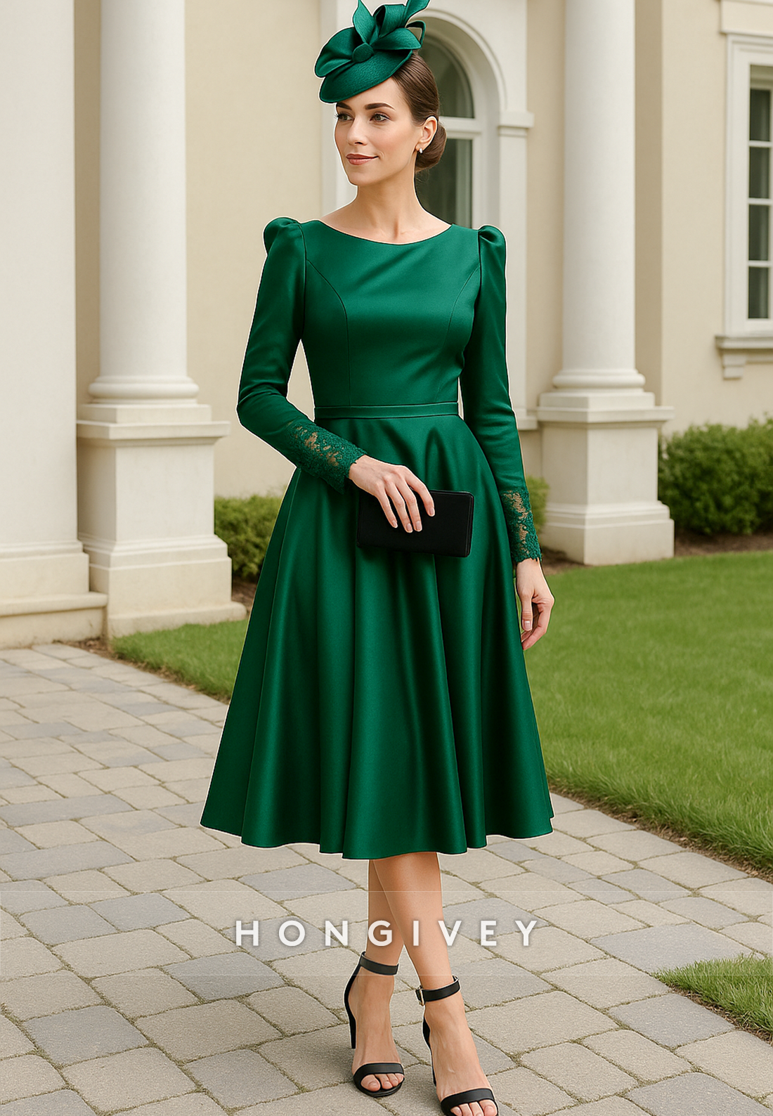 Long Sleeves Pleated A-Line Tea-Length Satin Lace Mother of Bride Dresses