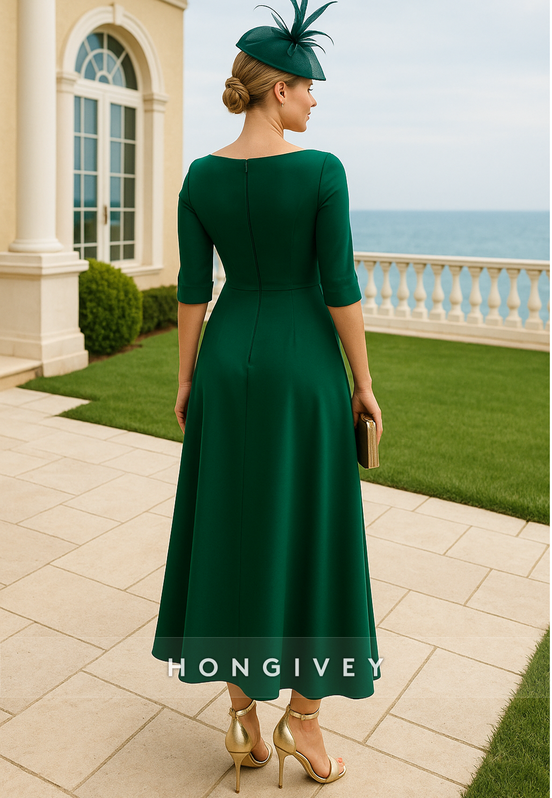 A-Line Ankle-Length Appliqued Half Sleeves Pleated Mother of Bride Dresses