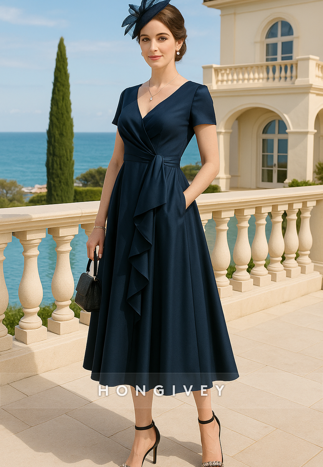 V-Neck Short Sleeves Tea-Length V Back A-Line Pleated Mother of Bride Dresses