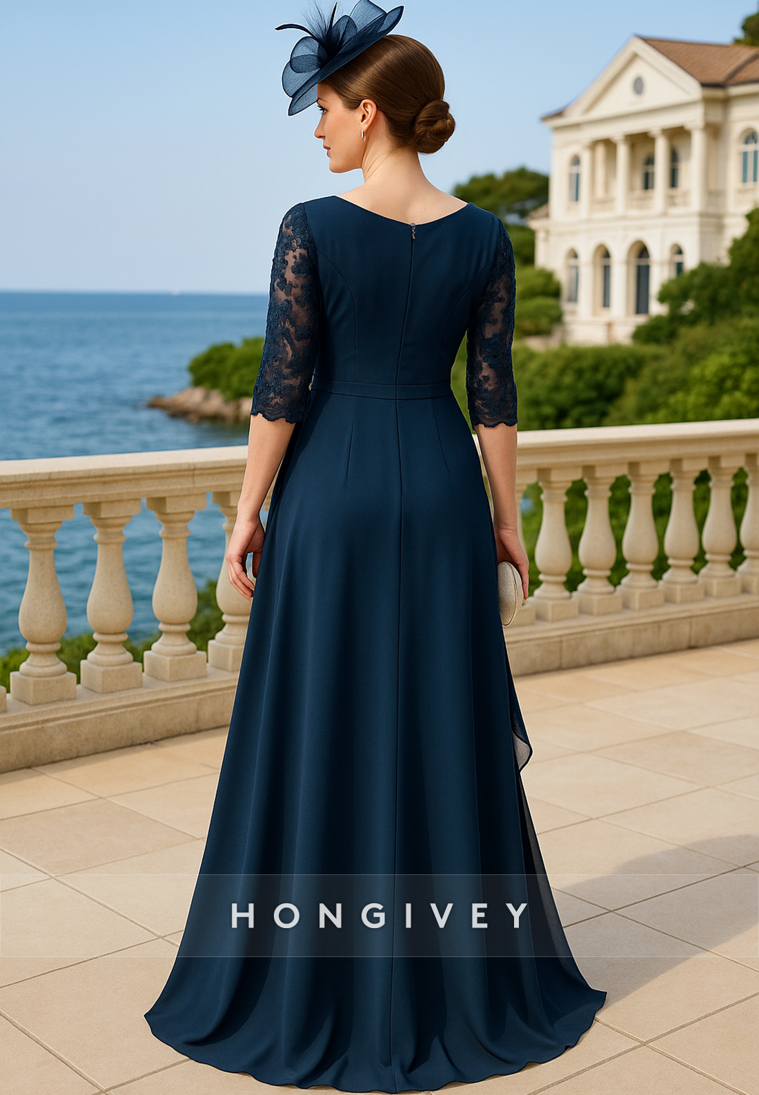 Floor-Length A-Line V-Neck Ruffles Half Sleeves Lace Pleated Mother of Bride Dresses