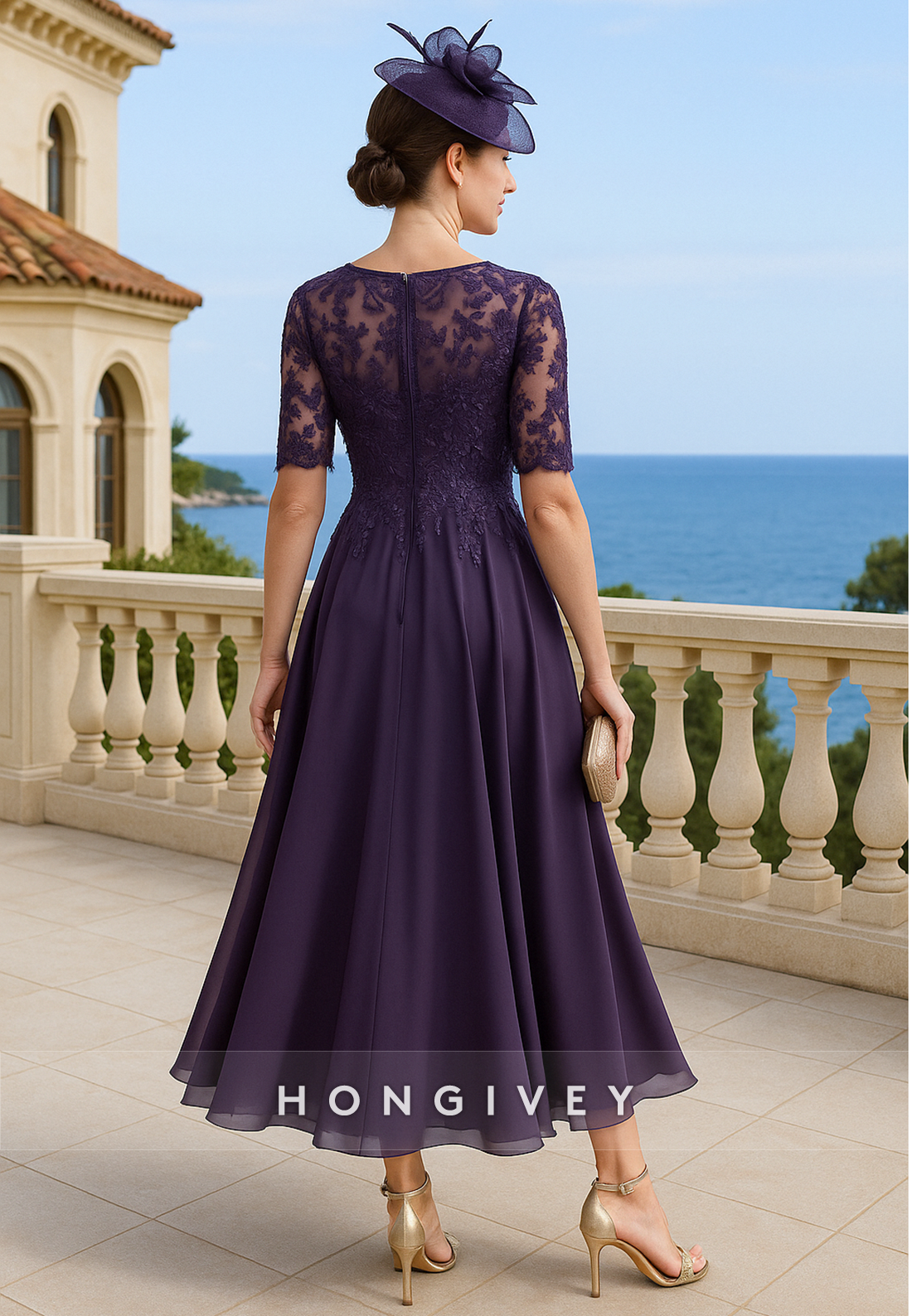 Tea-Length Illusion Neck Half Sleeves A-Line Ruched Mother of the Bride Dresses