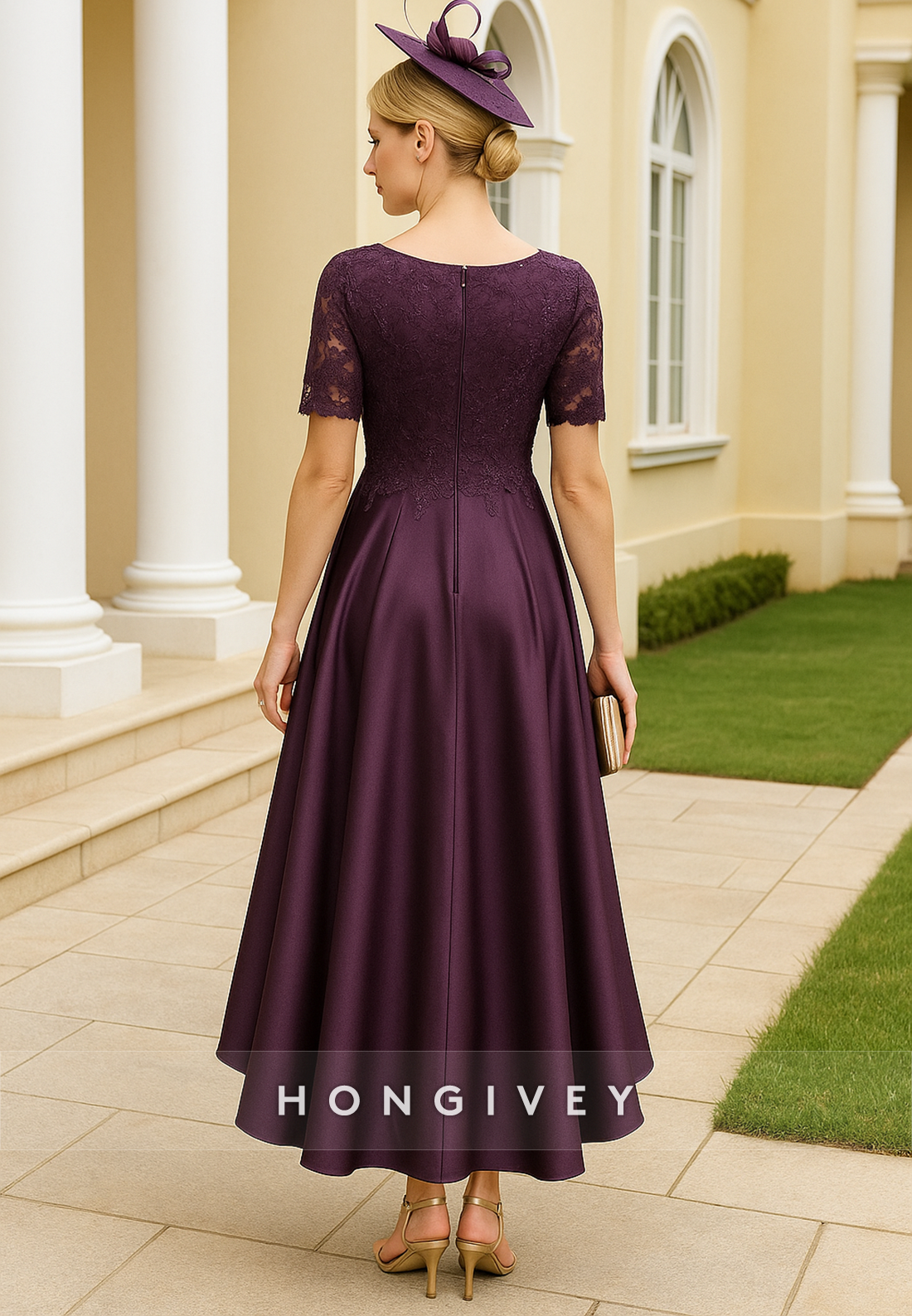 Asymmetrical Illusion Neck Half Sleeves A-Line Pleated Appliqued Mother of Bride Dresses