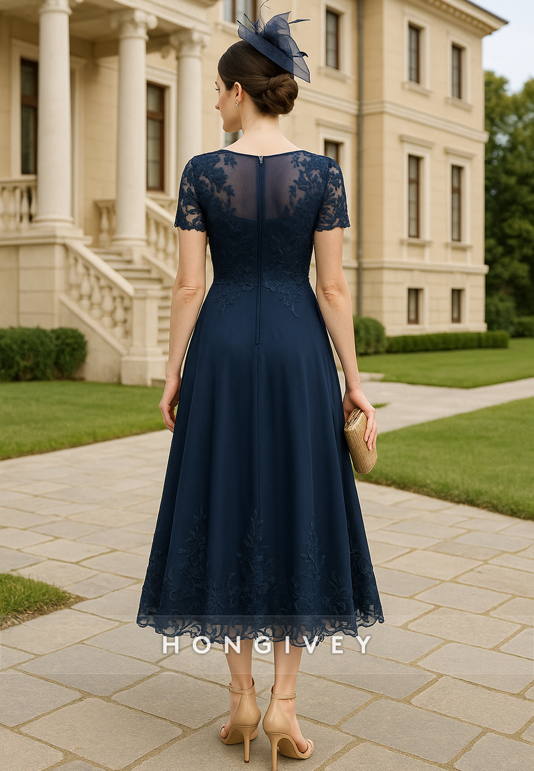 Scoop Ankle-Length A-Line Cap Sleeves Pleated Lace Mother of Bride Dresses