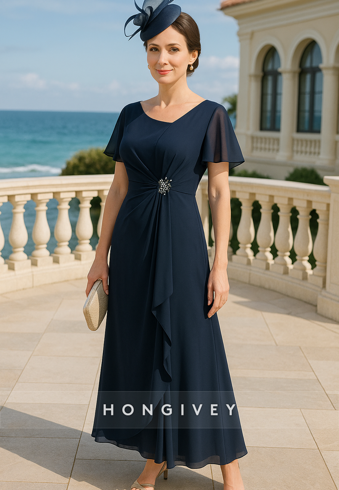 Ankle-Length A-Line Short Sleeves Appliqued Pleated Mother of Bride Dresses
