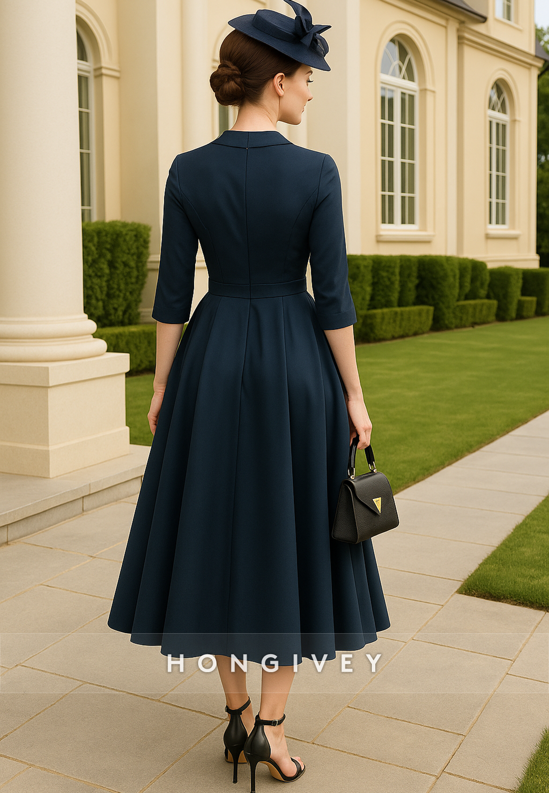Tea-Length Bowknot 3/4 Sleeve V-Neck A-Line Ruched Mother of Bride Dresses