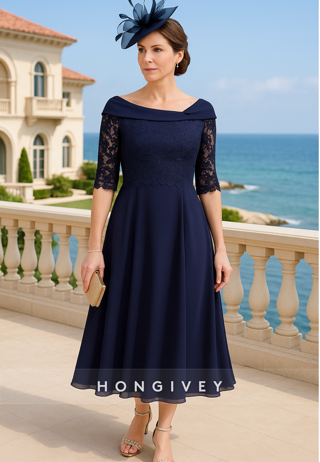 Tea-Length Half Sleeves A-Line Lace Pleated Mother of Bride Dresses