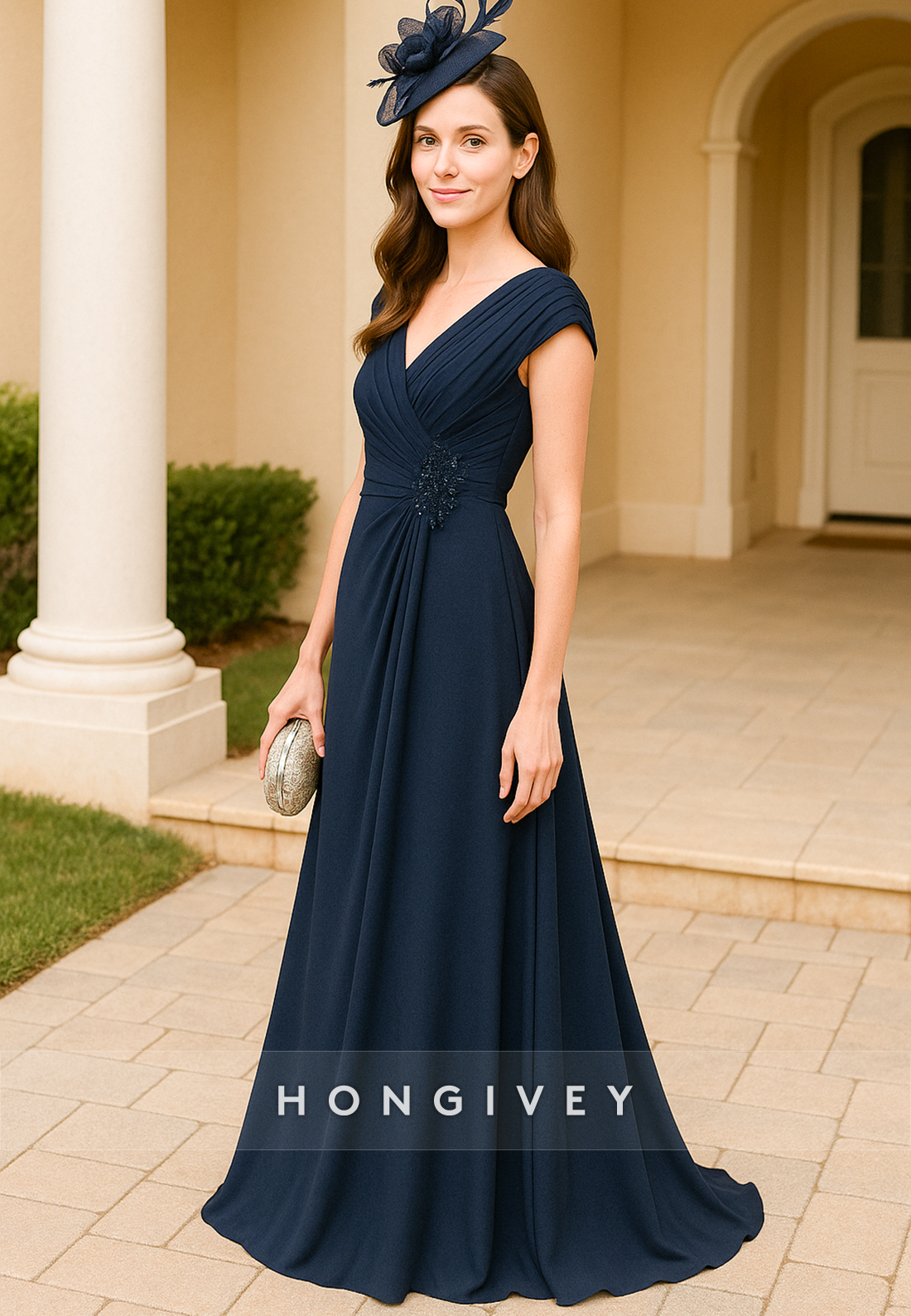 V-Neck Floor-Length A-Line Cap Sleeves Pleated V Back Mother of Bride Dresses