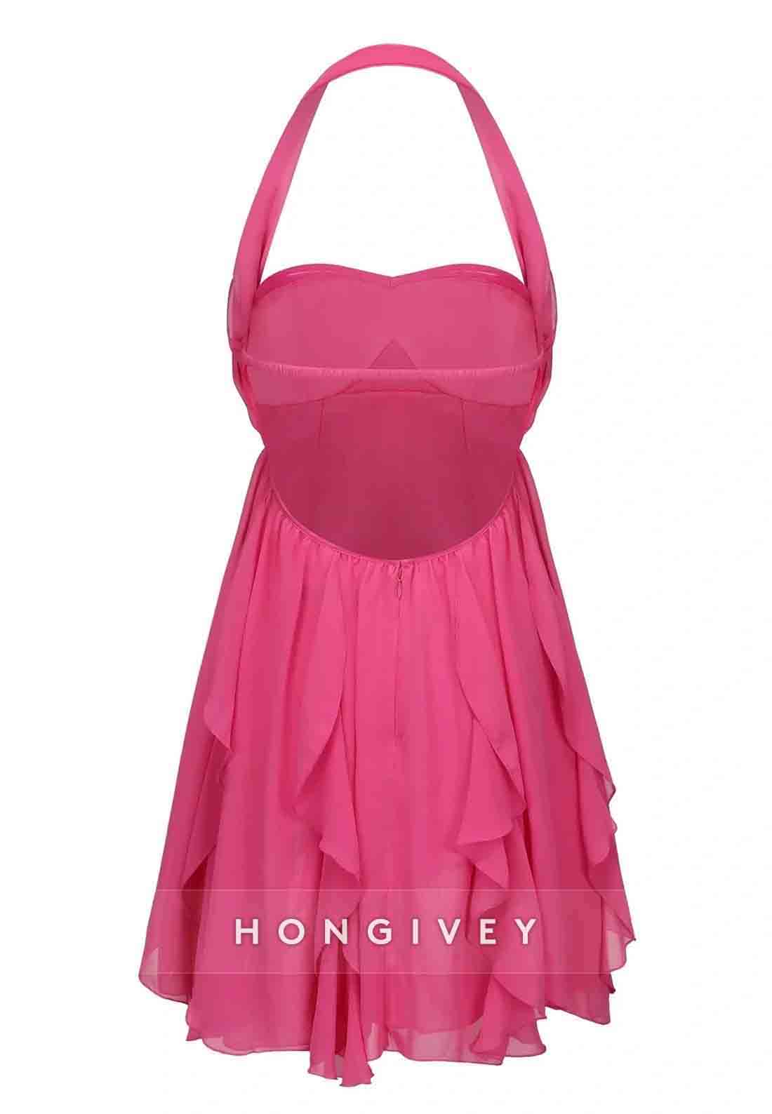 Chic Halter A Line Sweetheart Pink Short Party Dress with Ruffles
