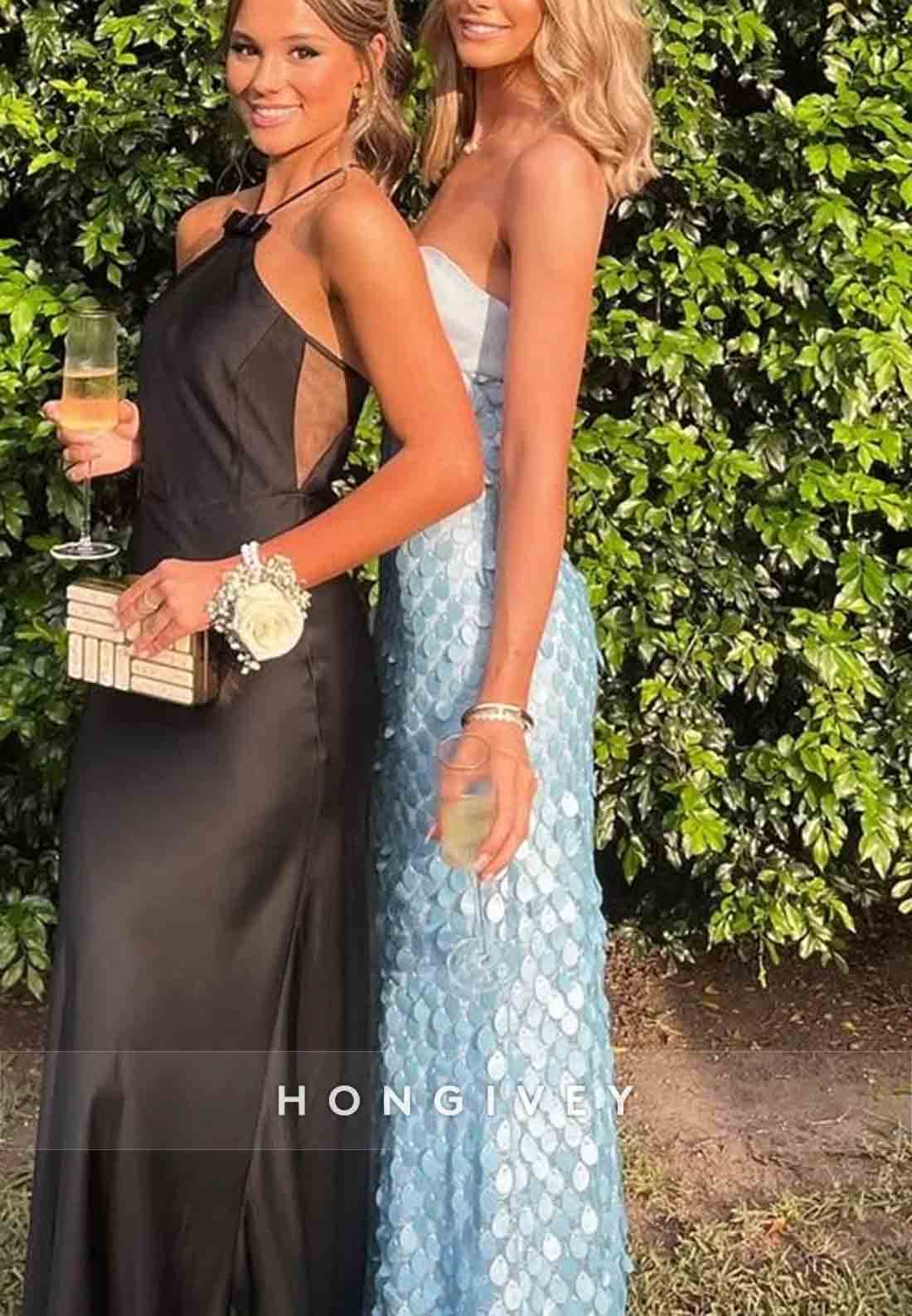 Chic Sheath Sweetheart Strapless Blue Long Prom Dress with Sequins