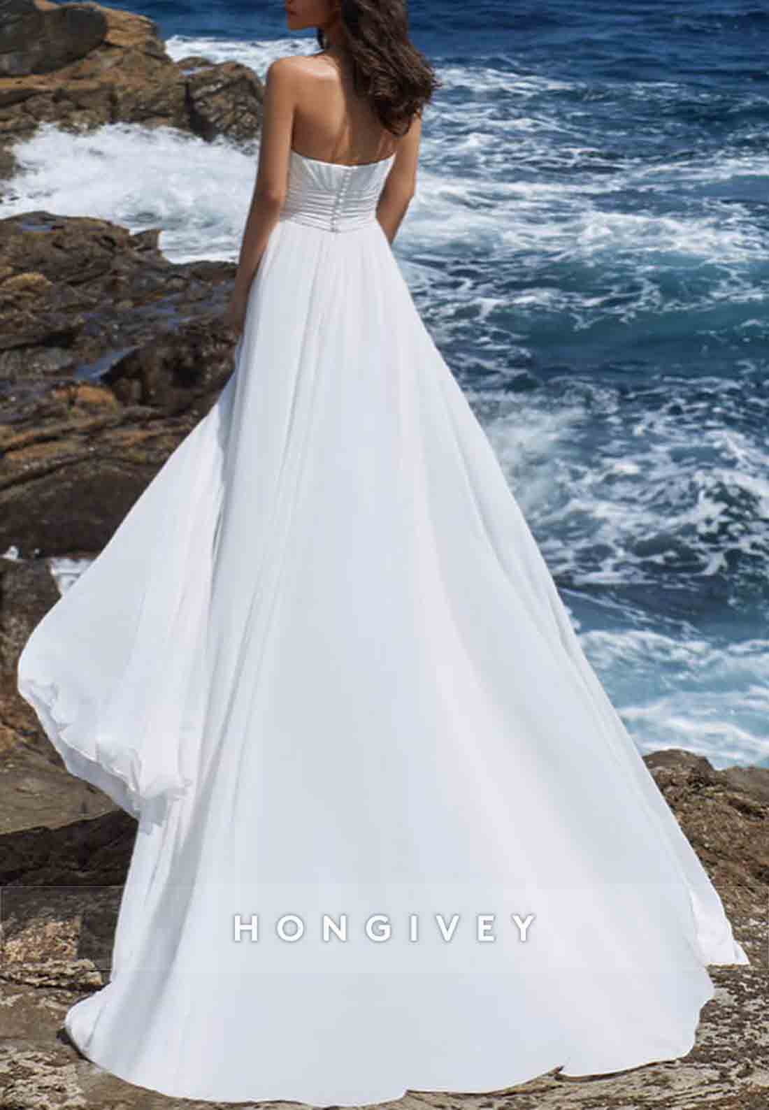 Simple Strapless Sleeveless Pleated A-Line Court Train Beach Wedding Dresses