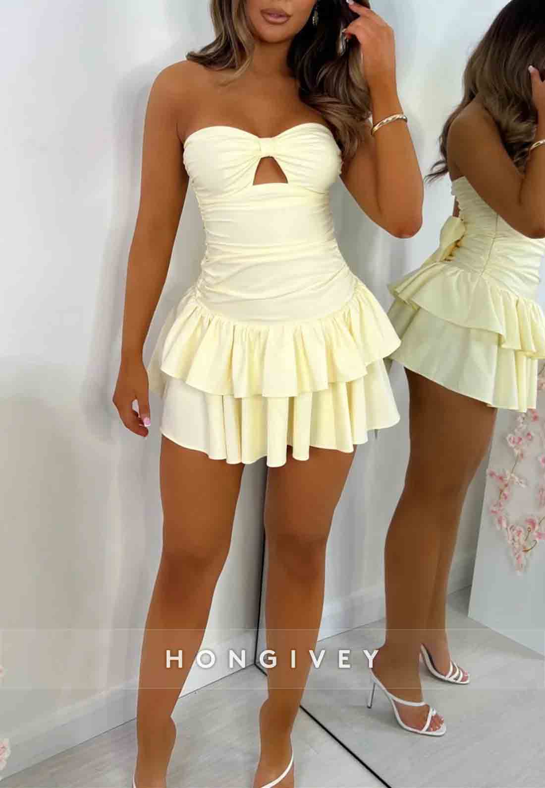 A-Line Strapless Cream Yellow Sweetheart Tiered Ruffle Mini Homecoming Dress