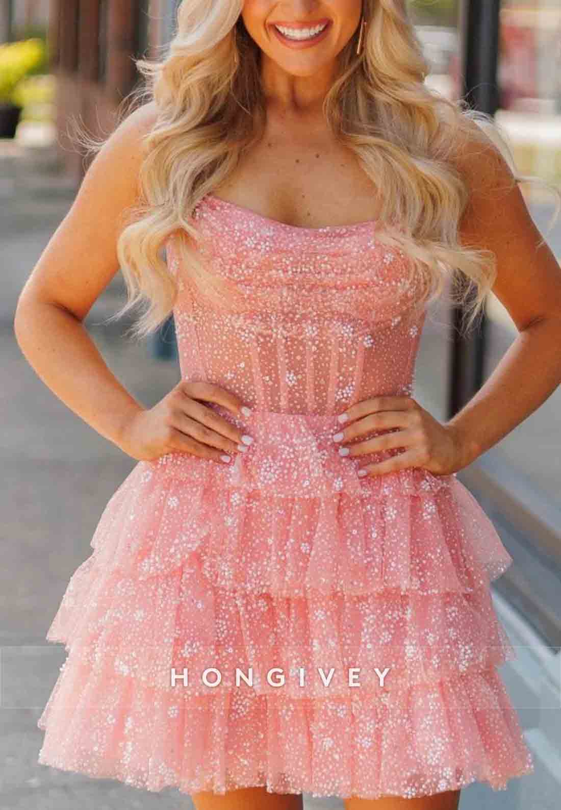 Cute Strapless A-Line Zipper Back Tiered Tulle Homecoming Dress with Ruffles