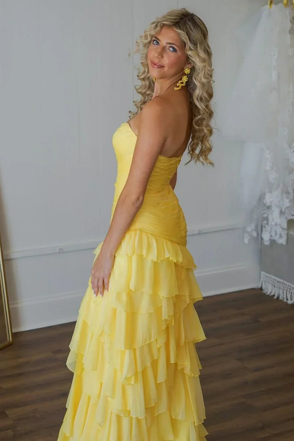 Sweety Mermaid Sweetheart Yellow Long Tulle Prom Dress with Ruffles