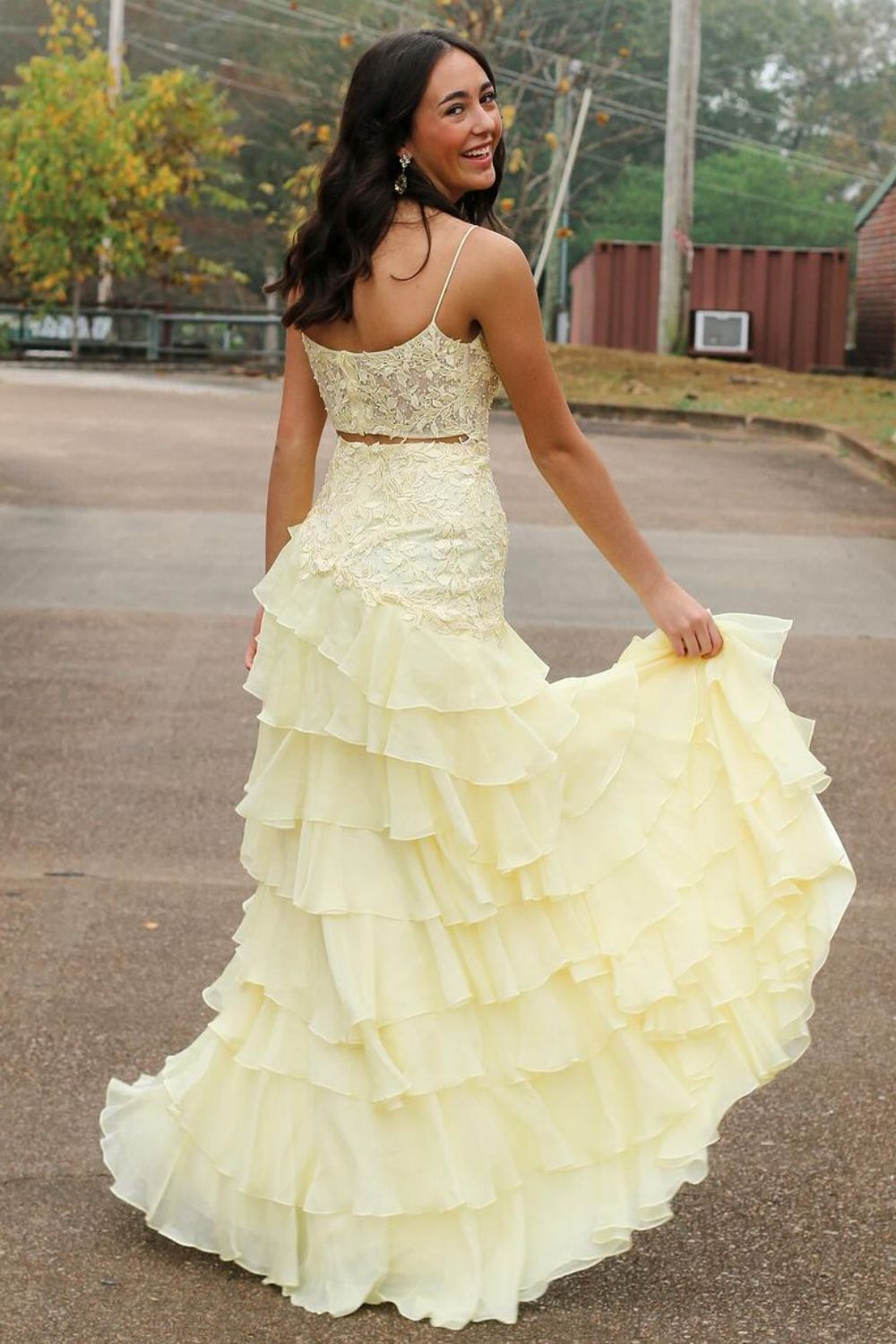 Cute Yellow Mermaid Spaghetti Straps Long Lace Prom Dress with Slit
