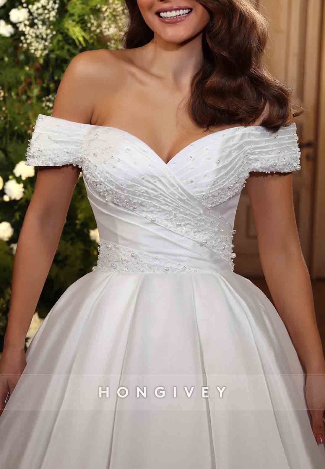 Chapel Train Satin Off the Shoulder Ruffles Pearls Empire Wedding Dresses