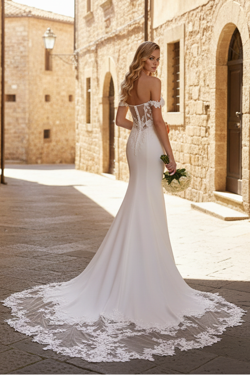 Off-Shoulder V Neck Elegant Mermaid Wedding Dress Button Back Sweep Train Bride Dresses