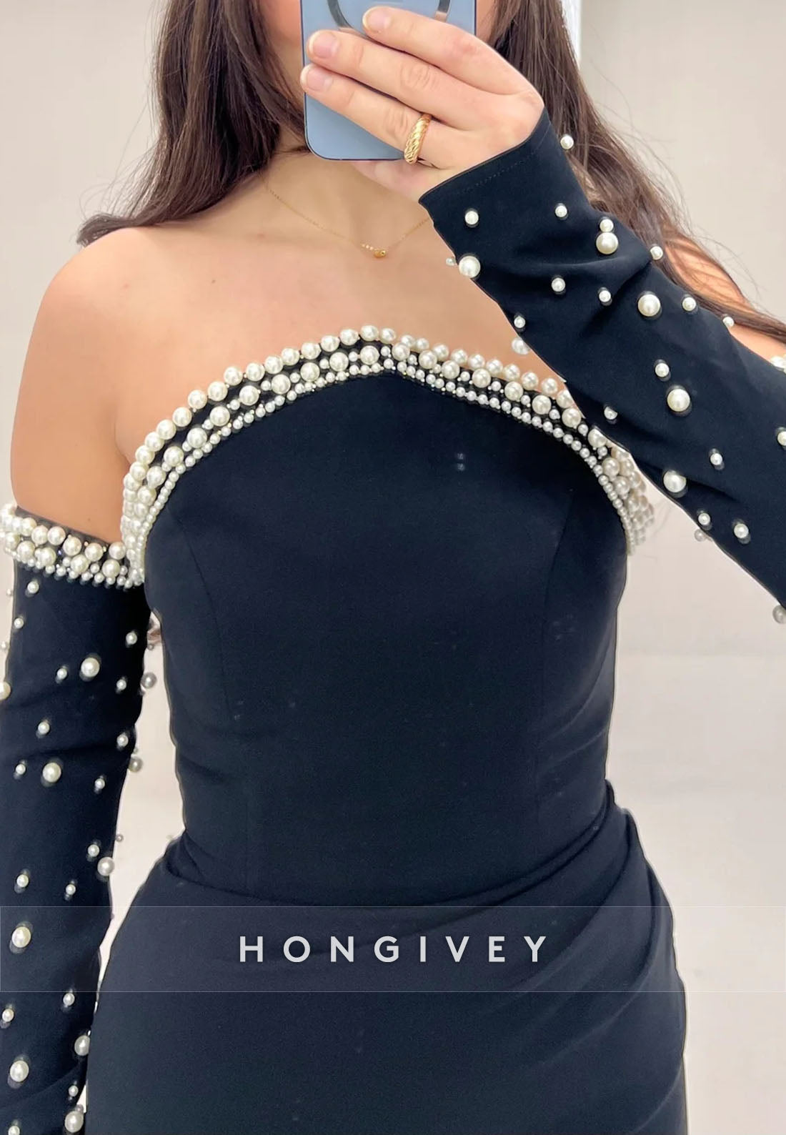 Off the Shoulder Floor-Length Column Long Sleeve Pleated Beading Evening Gown