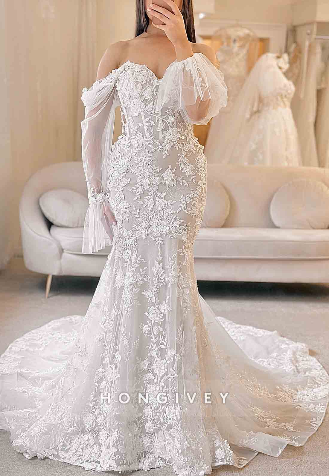Off the Shoulder Lace Long Sleeves Court Train Trumpet Wedding Dresses