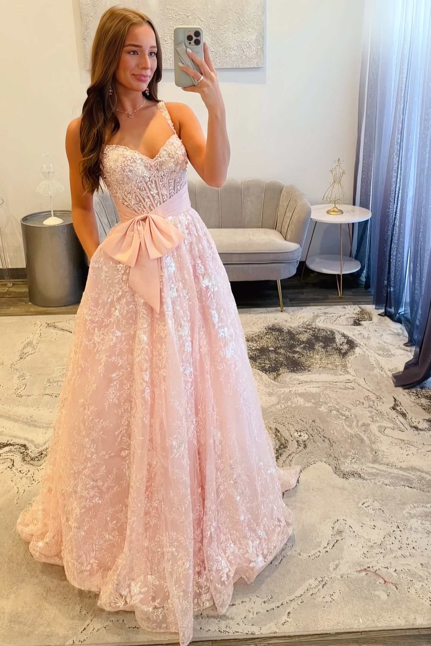 Light Pink Sequin Bow A-line Dress