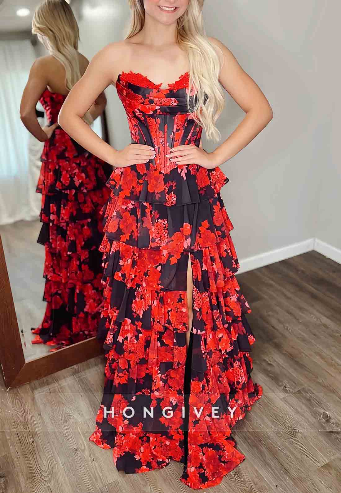 Floor-Length Floral Print A-Line Strapless Empire Prom Dresses with Ruffles