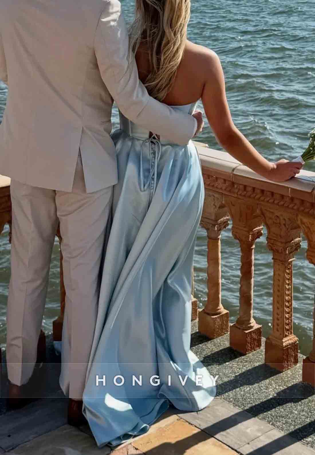 Light Blue Strapless Satin A-Line Tie Back Prom Dresses with High Slit