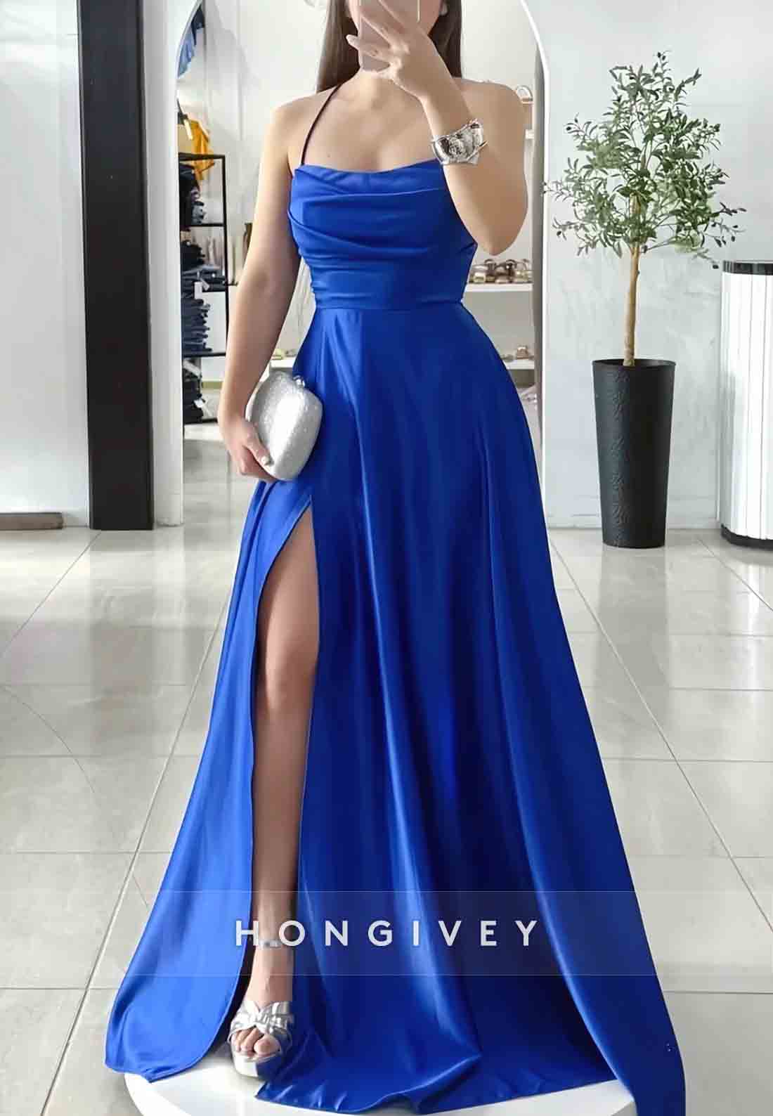 Spaghetti Straps A-Line Satin Crisscross Back Cowl Neck Prom Dresses with High Slit