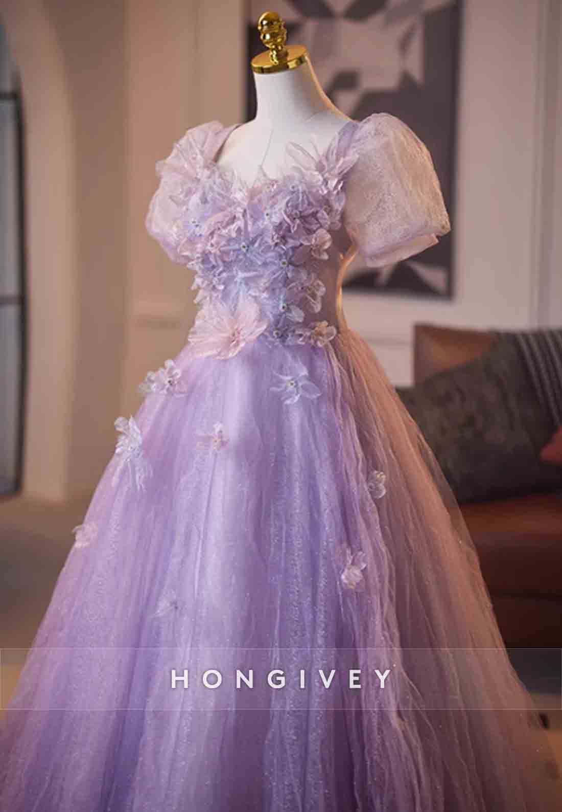 Lilac Princess Tulle Short Sleeves Crisscross Back Prom Dresses with 3D Flowers