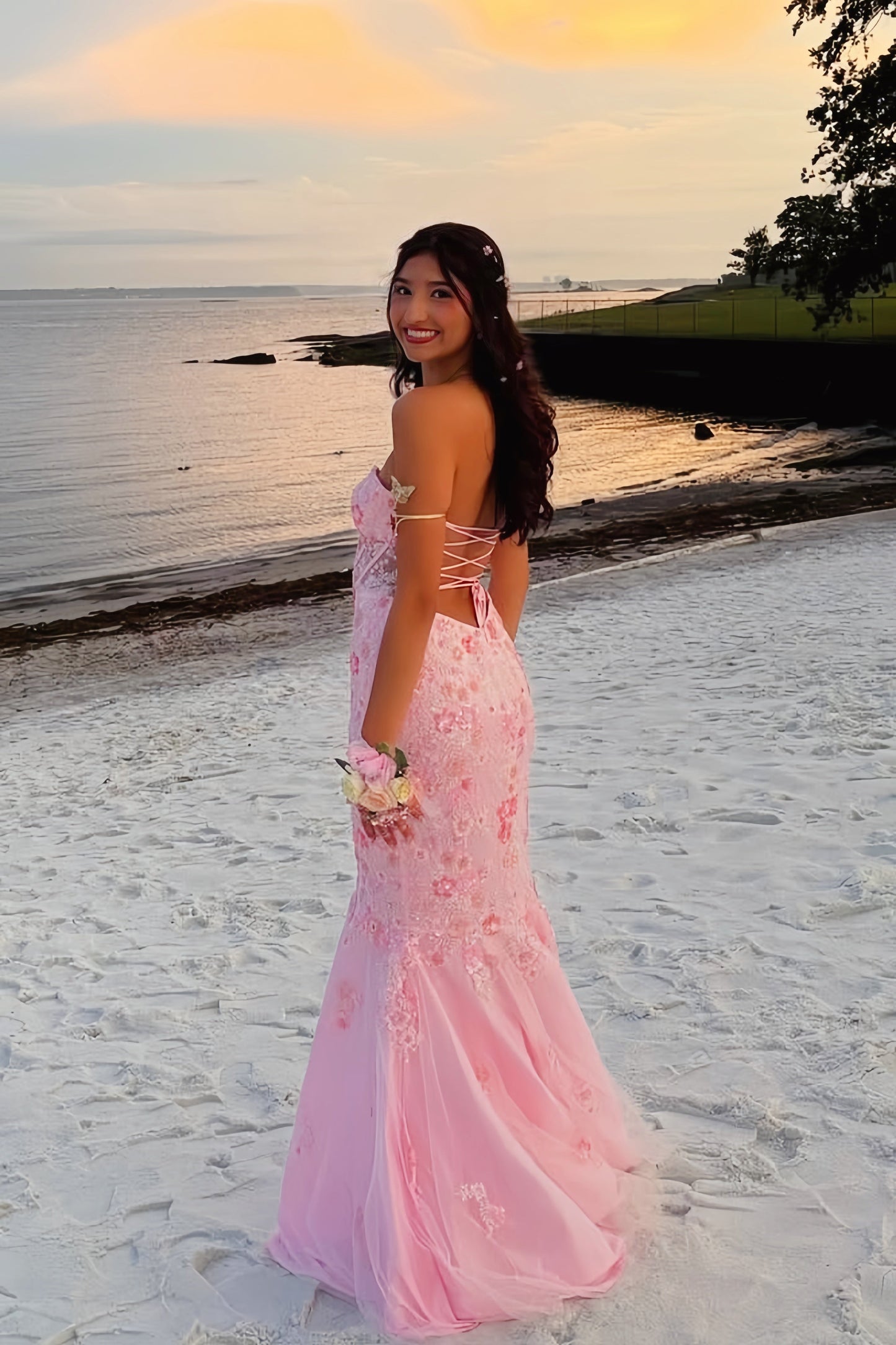 Sweetheart Pink Beaded Flower Mermaid Prom Dress