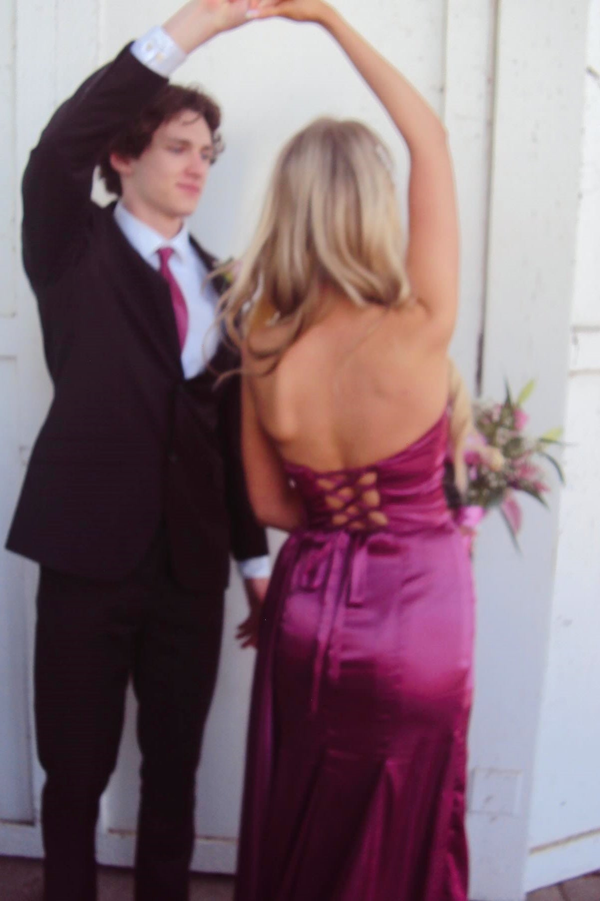 V-neck Fuchsia Satin Long Prom Dress